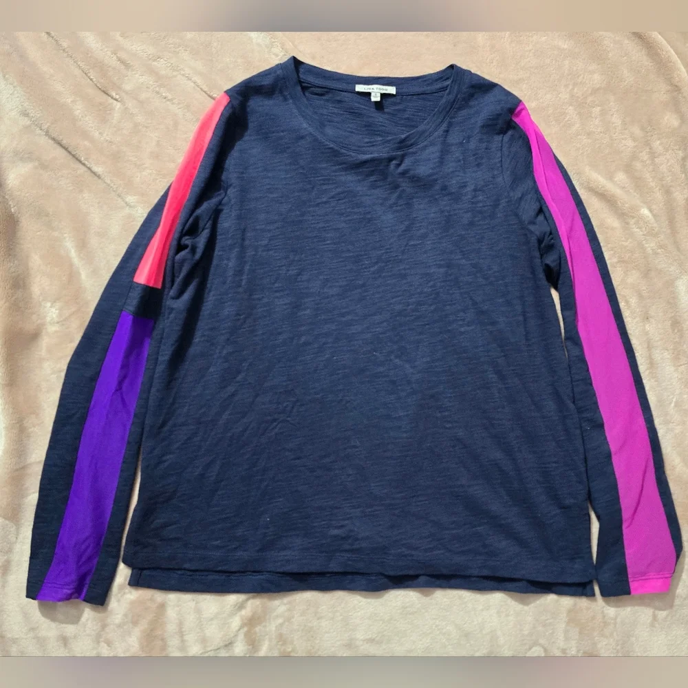 Lisa Todd Mesh On Navy Long Sleeve Cotton Top Size Small - Picture 2 of 11